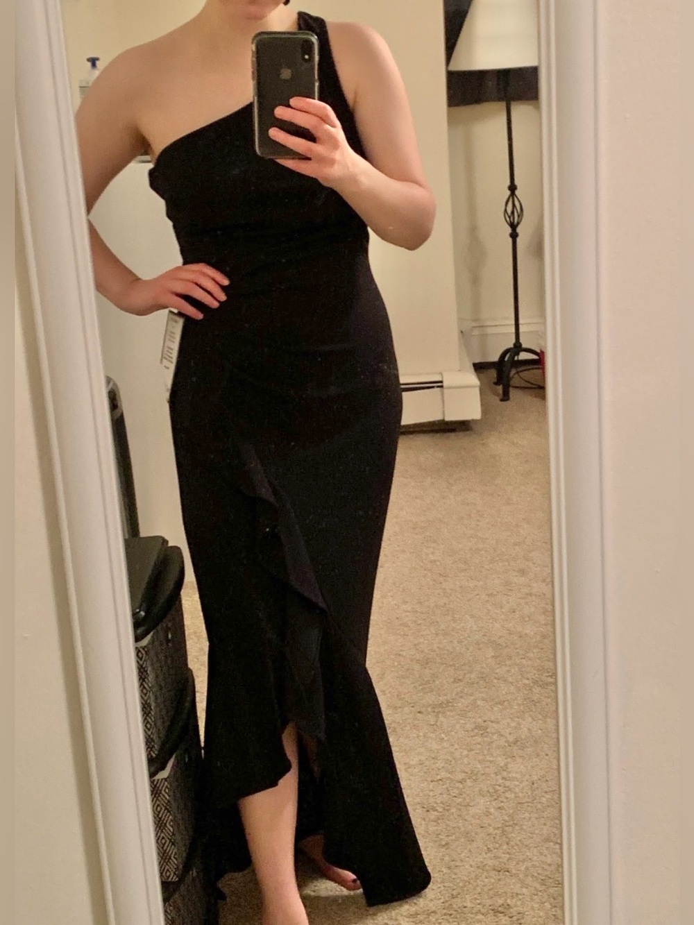 Black One Shoulder Ruched Ruffled Gown - Picture 6 of 6